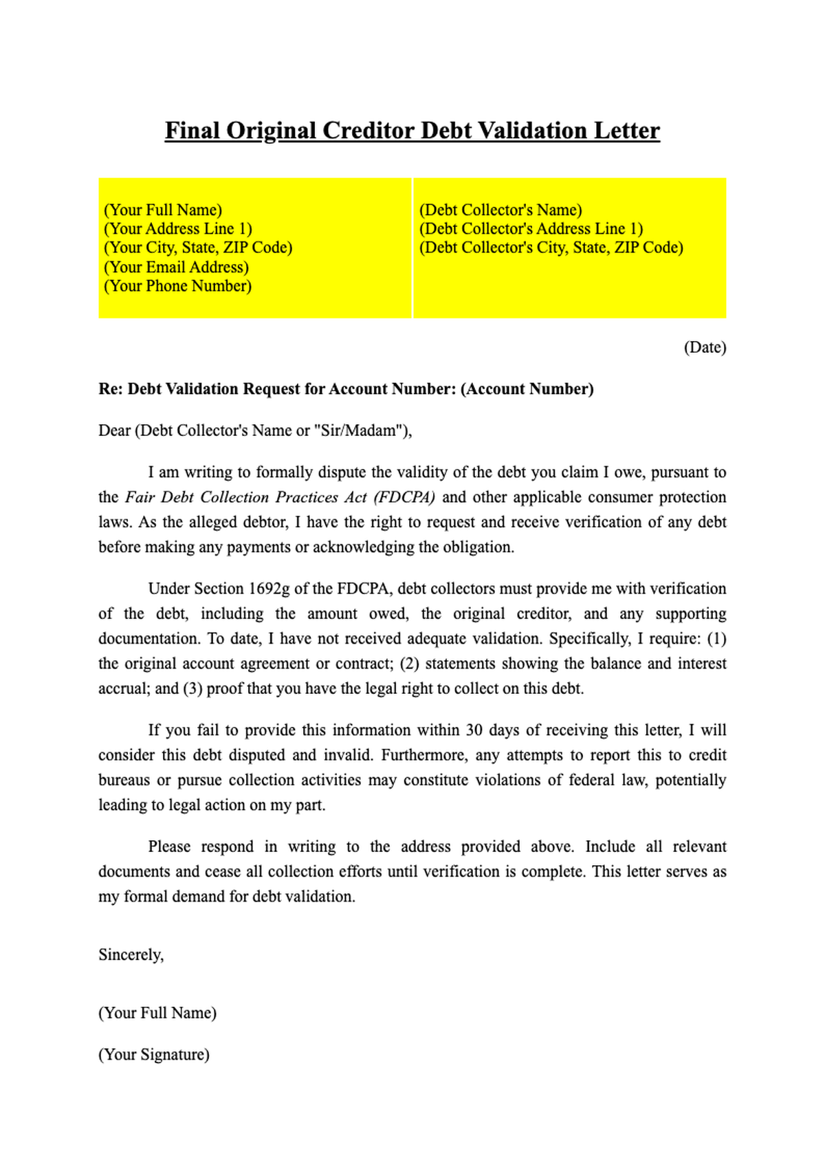 Final original creditor debt validation letter template with highlighted placeholders_variant_1